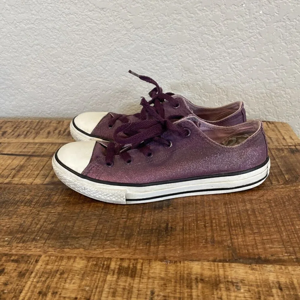 Converse All Star girls Junior Size 3 Low Top Purple Glitter Shoes Double Tongue